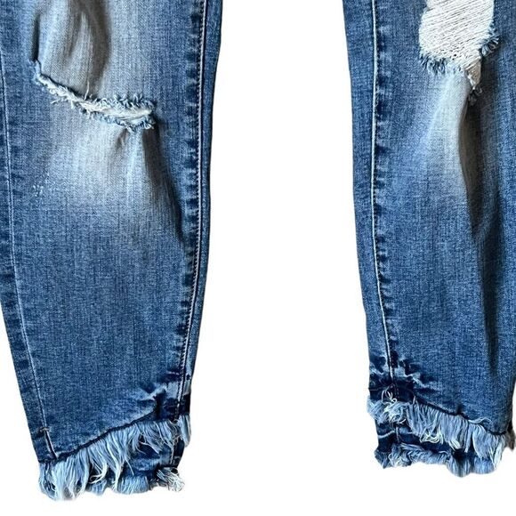 KANCAN DESTROYED DOUBLE FRAYED HEM DENIM SKINNY JEANS - Picture 4 of 16